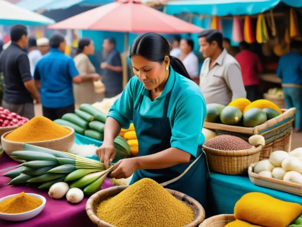 Un mercado peruano bullicioso con puestos de yucas frescas de todos tamaños y formas