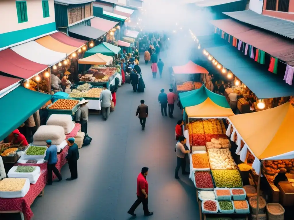 Mercado peruano bullicioso con puestos de gastronomía peruana y gente disfrutando platos tradicionales