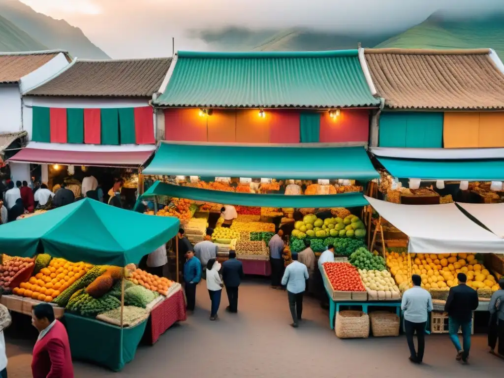 Un mercado peruano bullicioso con puestos llenos de frutas frescas y ingredientes tradicionales