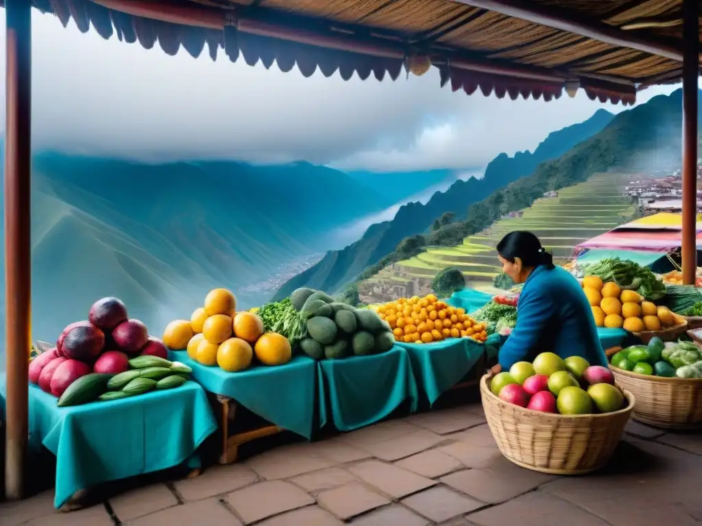 Mercado peruano bullicioso con puestos coloridos rebosantes de frutas, verduras y especias