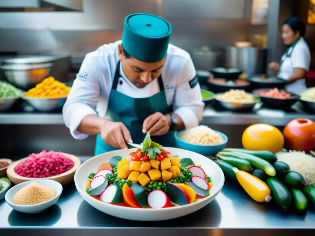 Un mercado peruano bullicioso con puestos llenos de frutas, verduras y ingredientes tradicionales