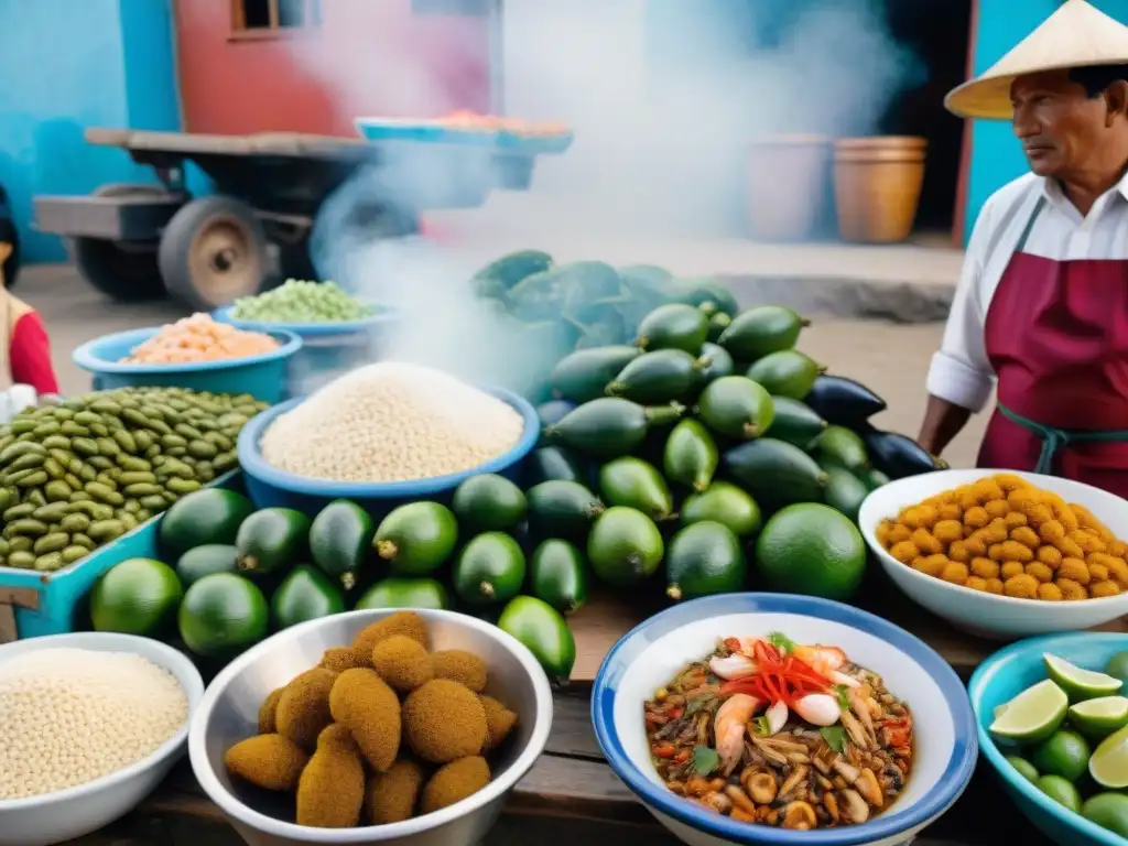 Un mercado peruano bullicioso con puestos coloridos rebosantes de mariscos frescos y vendedores preparando receta jalea mixta peruana