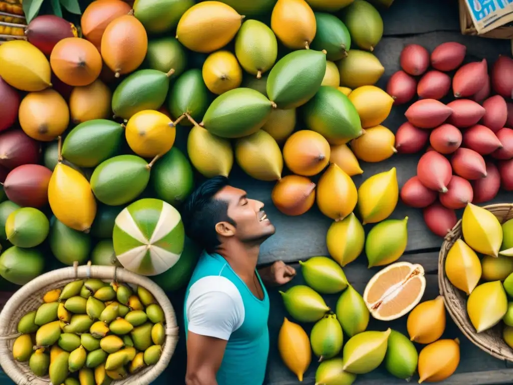 Un mercado peruano bullicioso con refresco de carambola y clientes curiosos