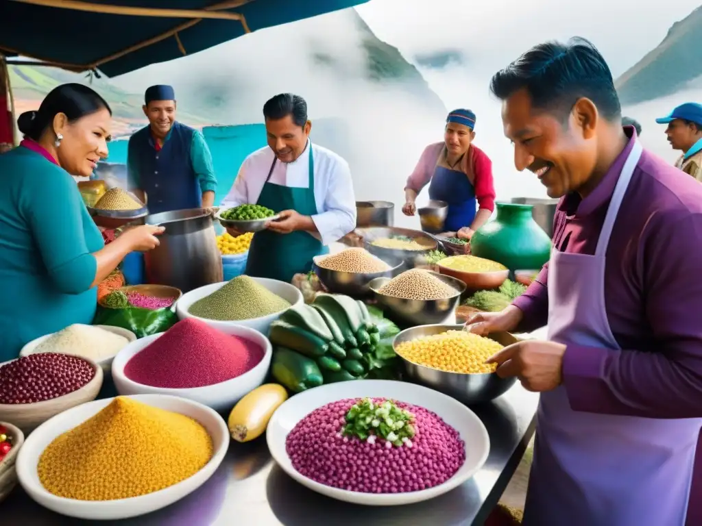 Un mercado peruano bullicioso repleto de productos frescos, colores vibrantes y chefs preparando ceviche