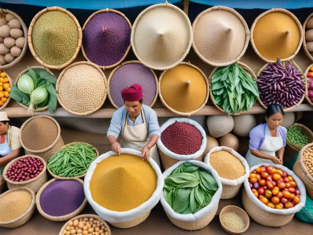 Un mercado peruano bullicioso repleto de superfoods coloridos como quinoa, maca y maíz morado