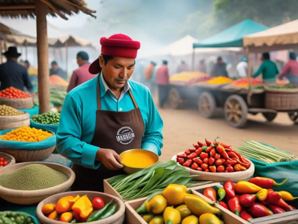 Un mercado peruano bullicioso con sabores peruanos ingredientes autóctonos deslumbrantes en exhibición