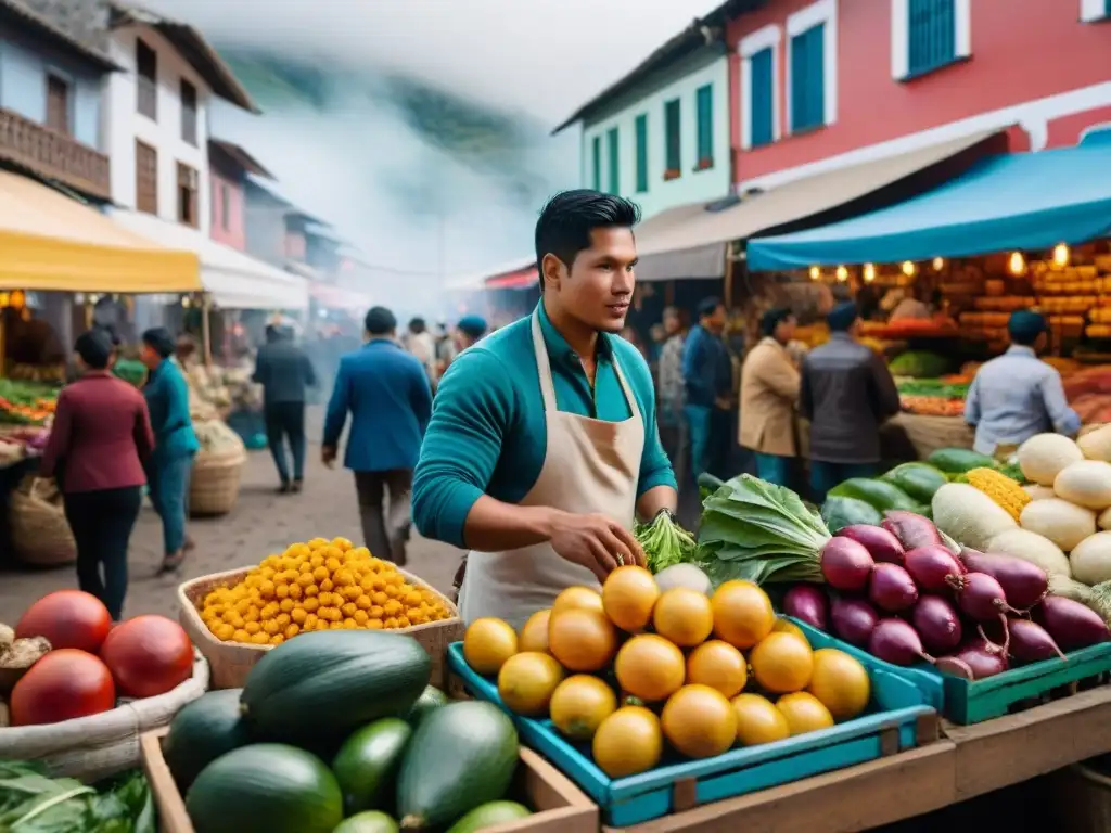 Mercado peruano bullicioso con startups gastronómicas sostenibles en Perú