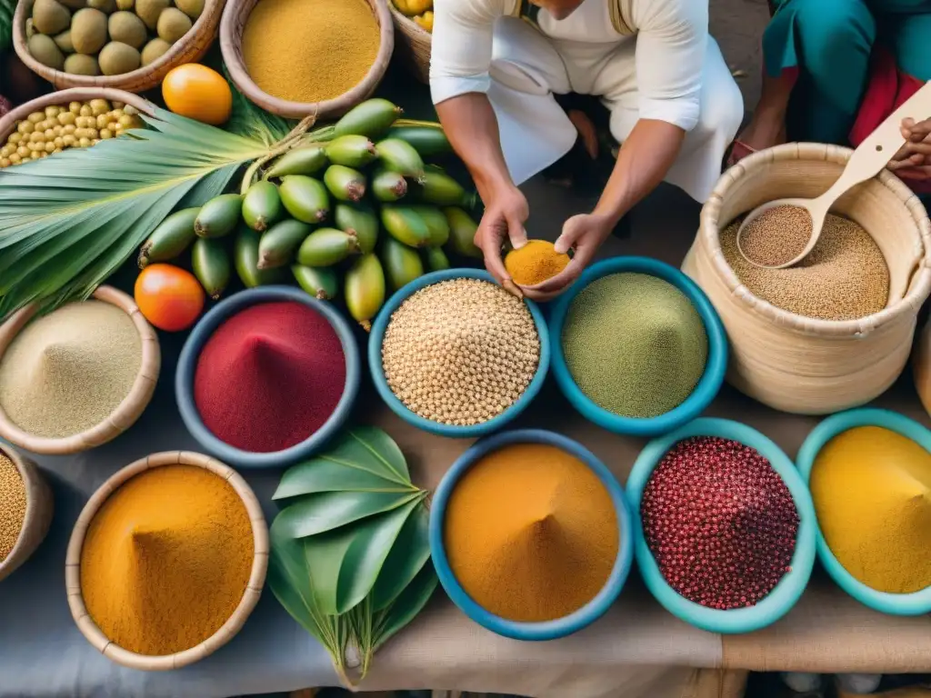 Un mercado peruano bullicioso con superfoods coloridos como lucuma, maca y quinua