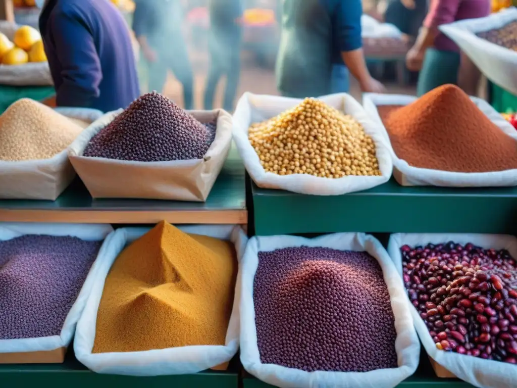 Un mercado peruano bullicioso con superfoods coloridos, chefs e innovación culinaria al atardecer