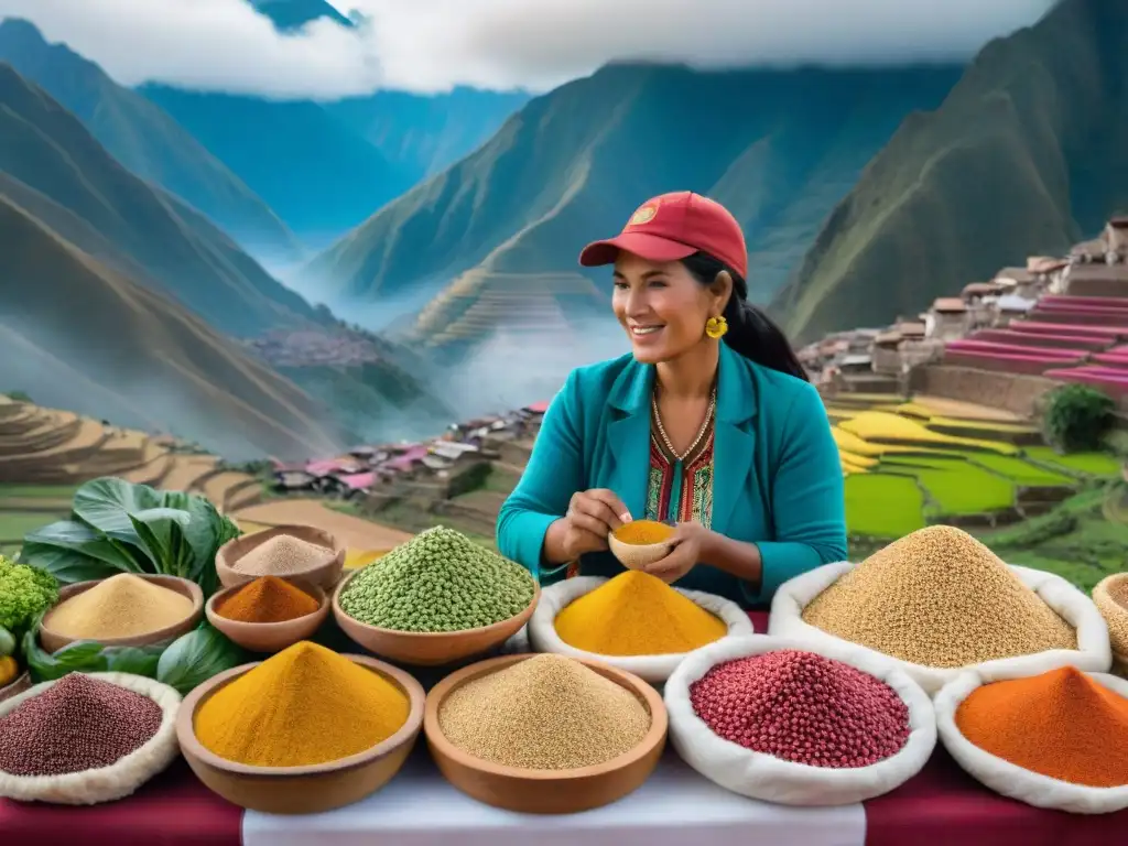 Un mercado peruano bullicioso muestra superfoods coloridos como quinua, maca y lúcuma