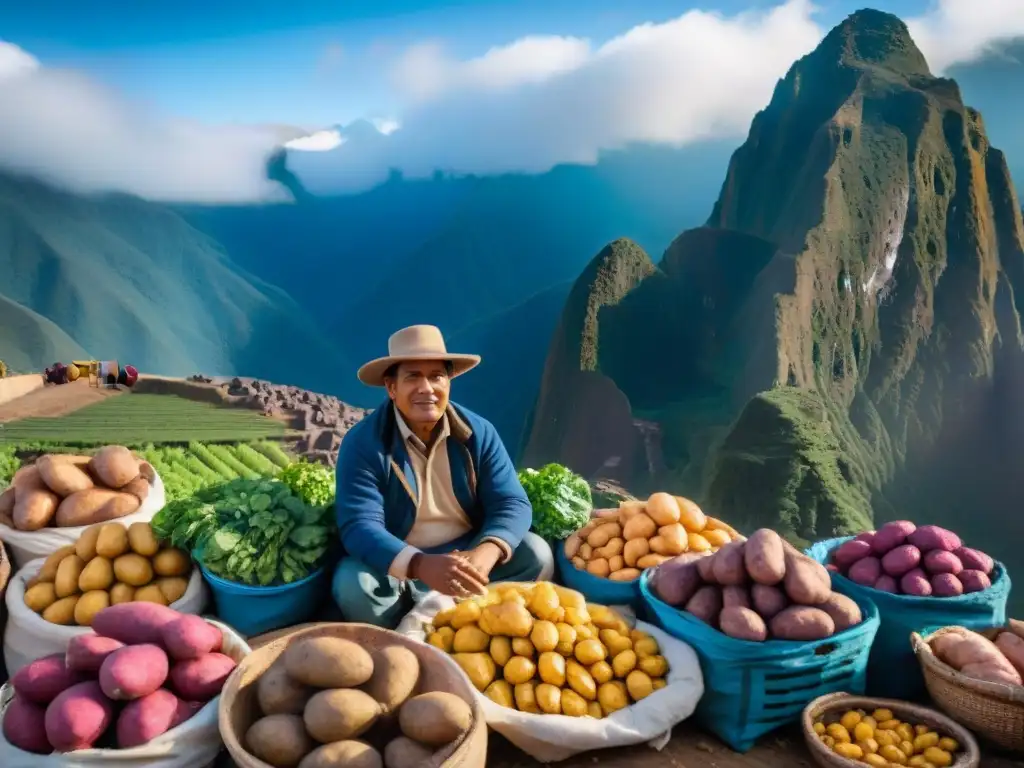 Un mercado peruano bullicioso con una variedad de papas coloridas, reflejando la herencia culinaria y agrícola