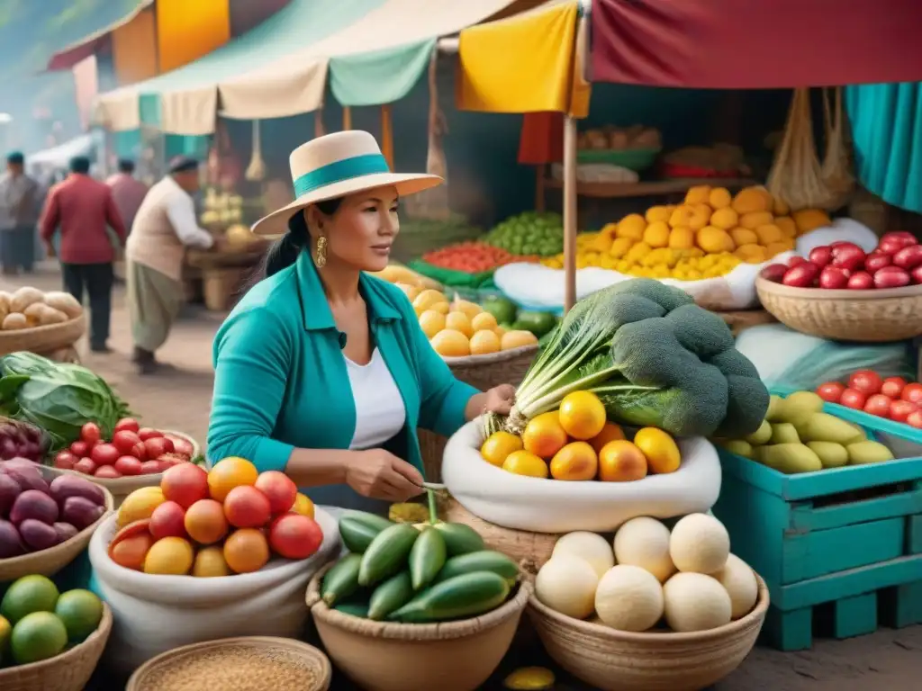 Un mercado peruano bullicioso muestra una variedad vibrante de frutas, verduras y ingredientes tradicionales