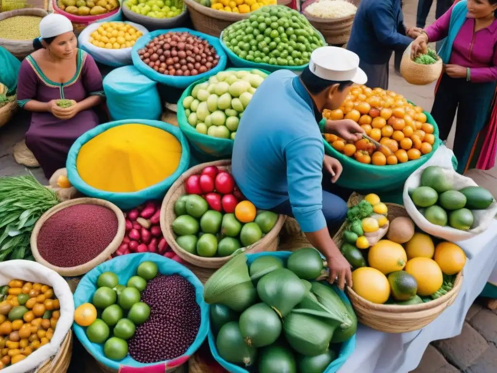 Un mercado peruano bullicioso con una variedad colorida de alimentos y clientes de todas las edades