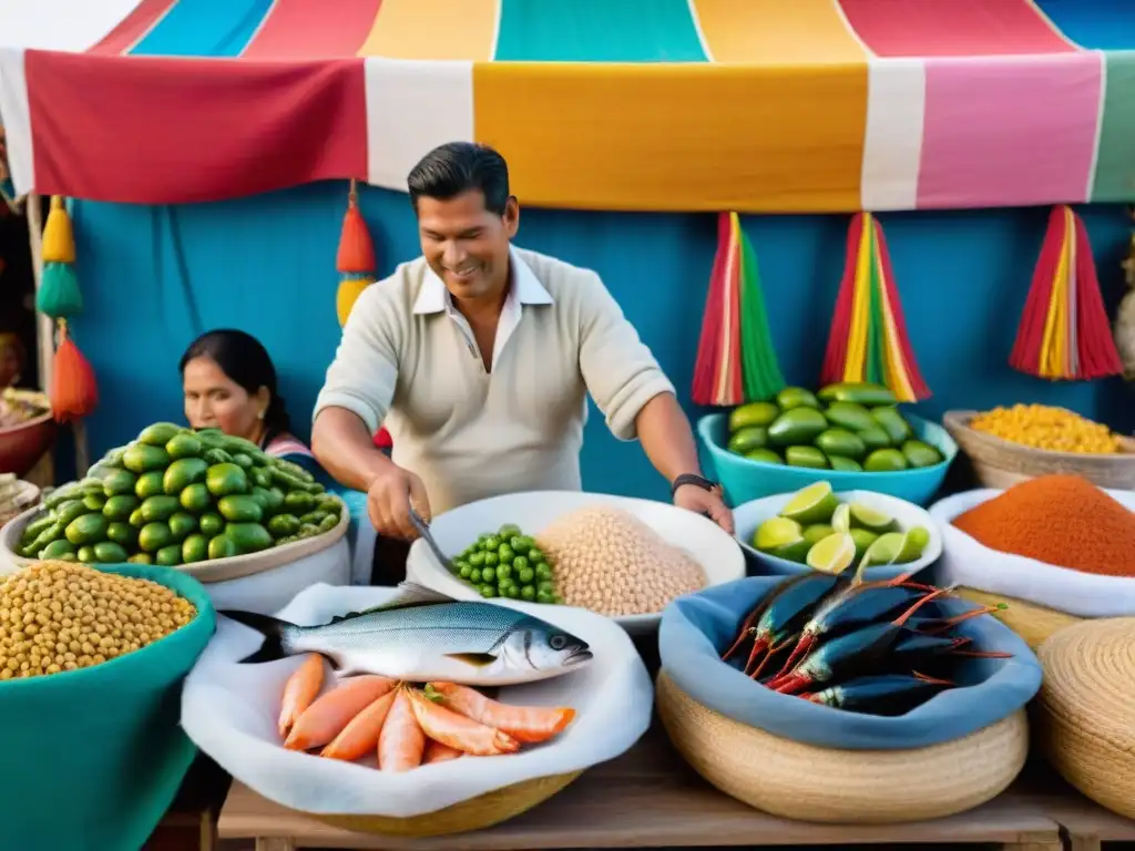 Un mercado peruano bullicioso con una variedad de comida marina fresca y colorida