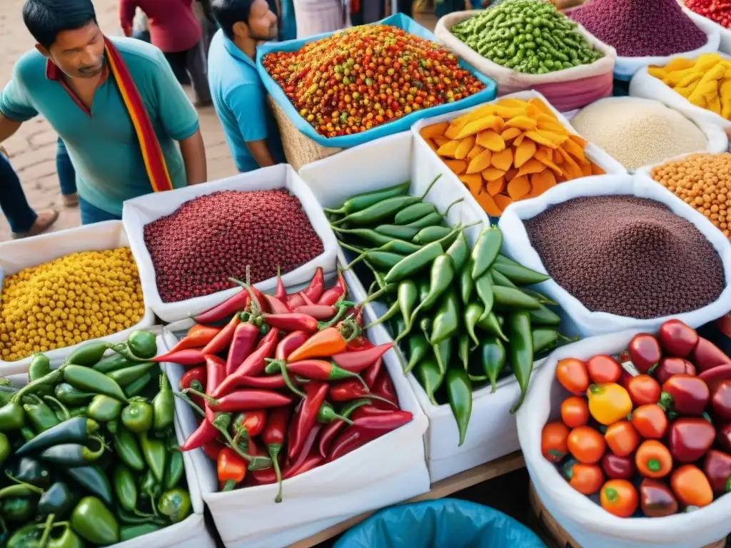 Un mercado peruano bullicioso con una variedad vibrante de ajíes raros en formas, tamaños y colores