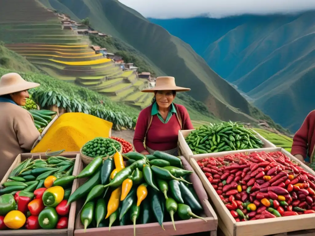 Mercado peruano: diversidad de ajíes en escena vibrante Un mercado peruano bullicioso muestra una variedad colorida de ajíes