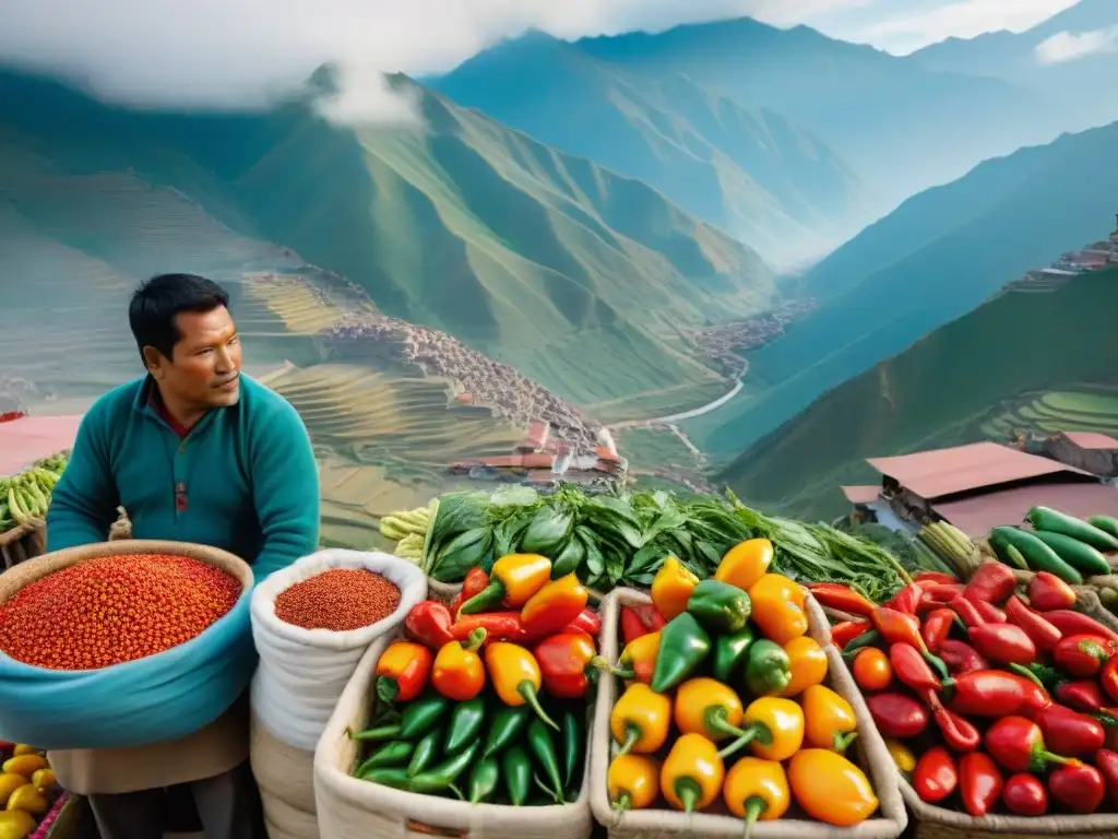 Un mercado peruano bullicioso con variedad de ajíes como rocoto y aji amarillo, sobre telas tradicionales y montañas andinas