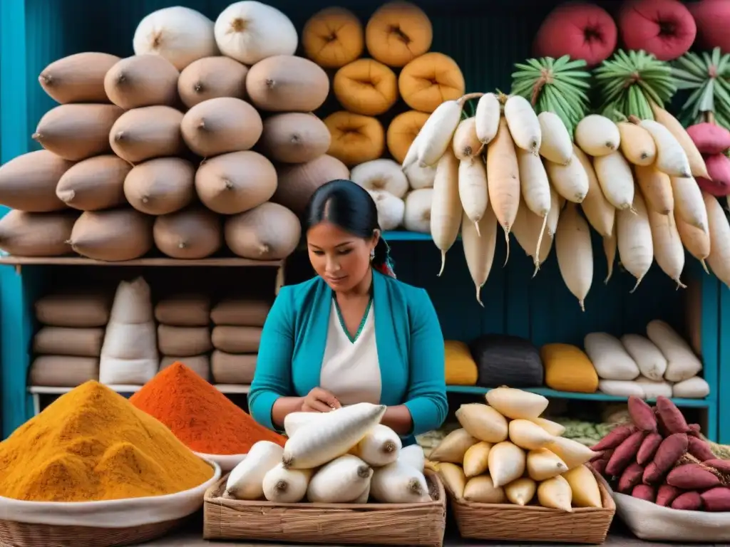 Un mercado peruano bullicioso con variedades de yucas en un puesto