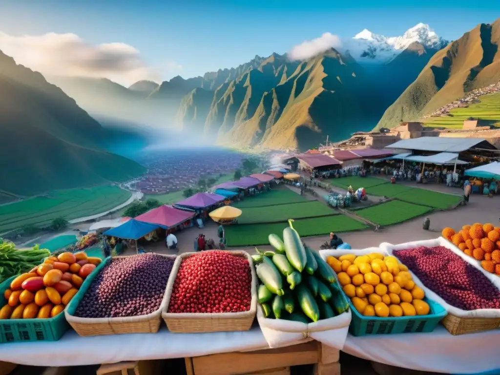 Un mercado peruano bullicioso con vegetales vibrantes y textiles andinos, iluminado por la luz cálida de las montañas