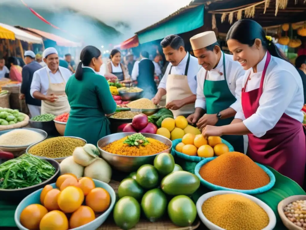 Un mercado peruano bullicioso con vendedores variados y platos tradicionales