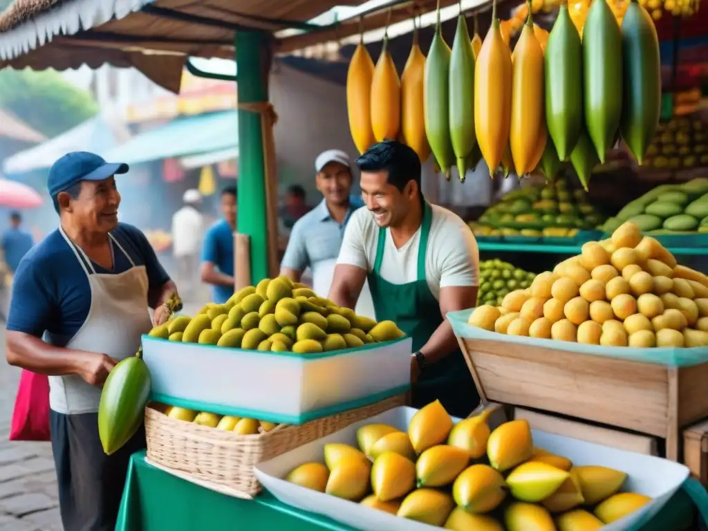 Un mercado peruano bullicioso con vendedores de carambolas frescas