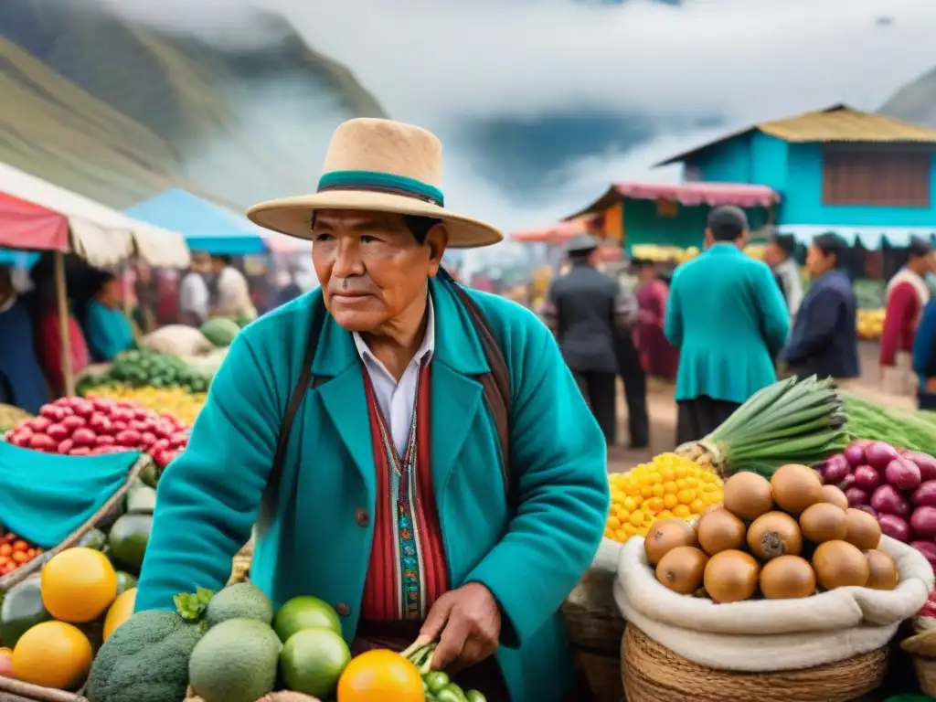 Un mercado peruano bullicioso y vibrante con ingredientes autóctonos coloridos