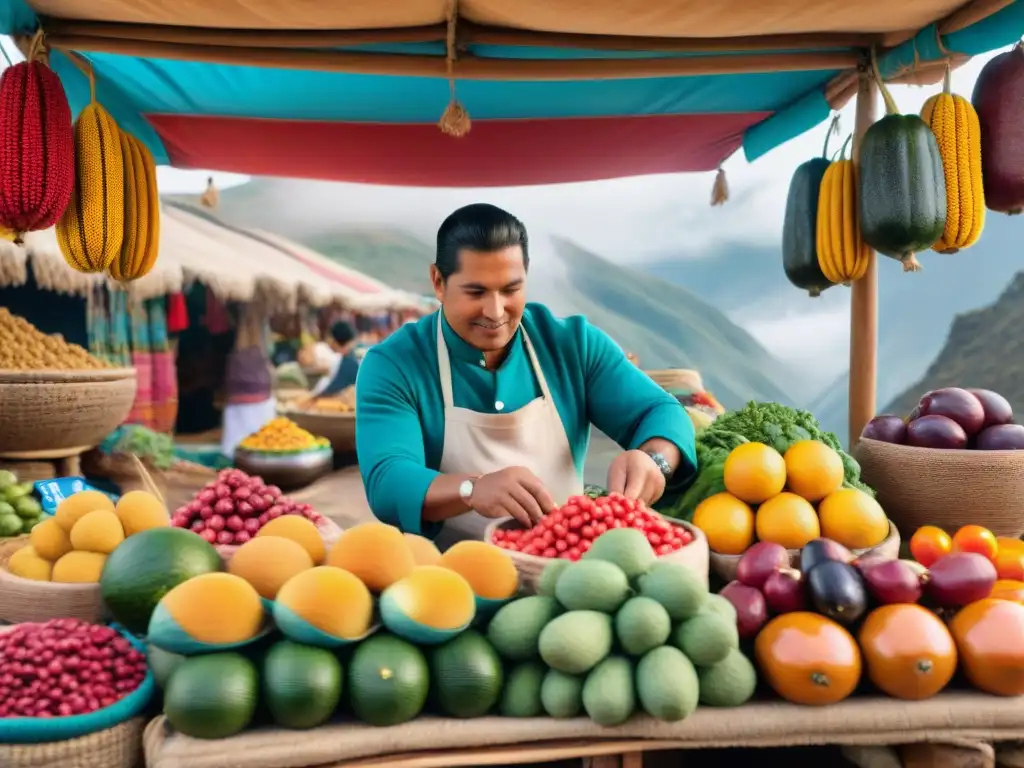 Un mercado peruano bullicioso y vibrante con chefs intercambiando saberes culinarios, reflejando el mestizaje en la gastronomía peruana