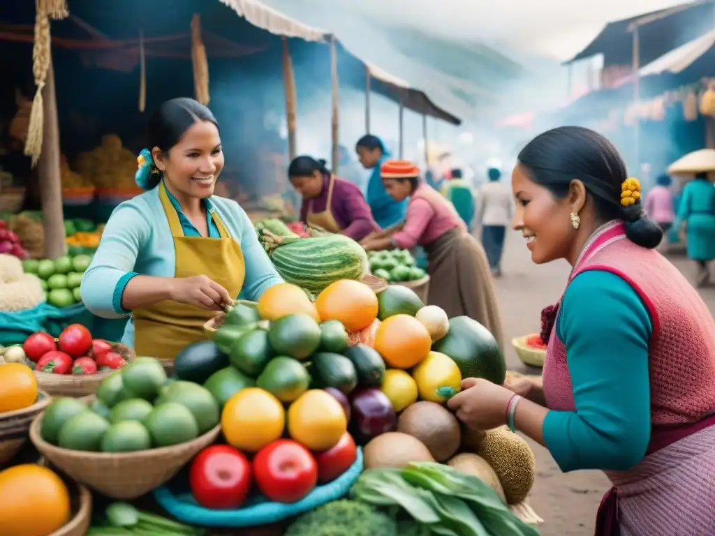 Un mercado peruano bullicioso y vibrante, con mujeres preparando platillos afroperuanos