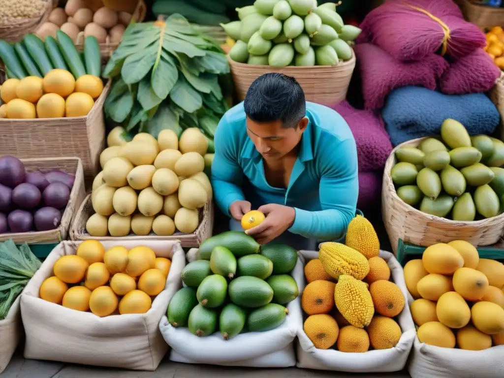 Un mercado peruano bullicioso exhibe vibrantes frutas y verduras únicas