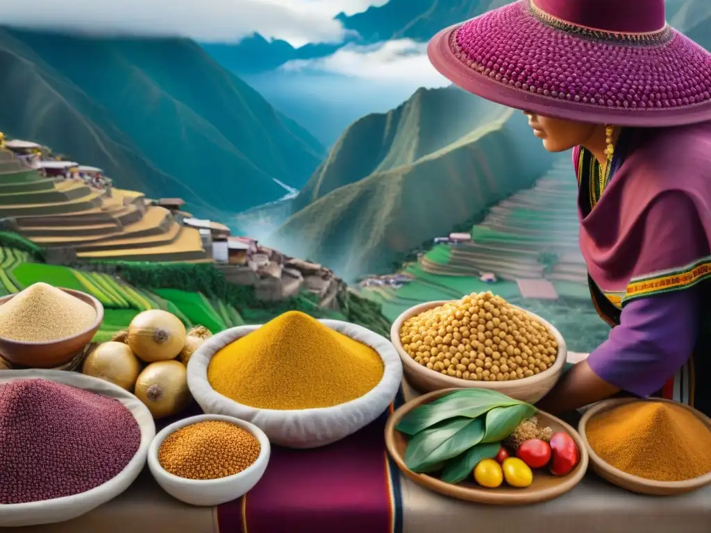 Mercado peruano: superalimentos vibrantes y cultura andina Un mercado peruano bullicioso con vibrantes superfoods andinos como quinua, maca, maíz morado y lúcuma