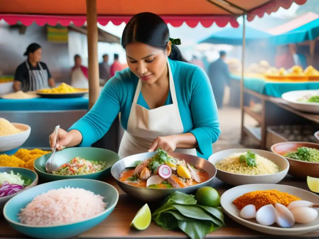 Mercado peruano con colores vibrantes y una mujer preparando ceviche