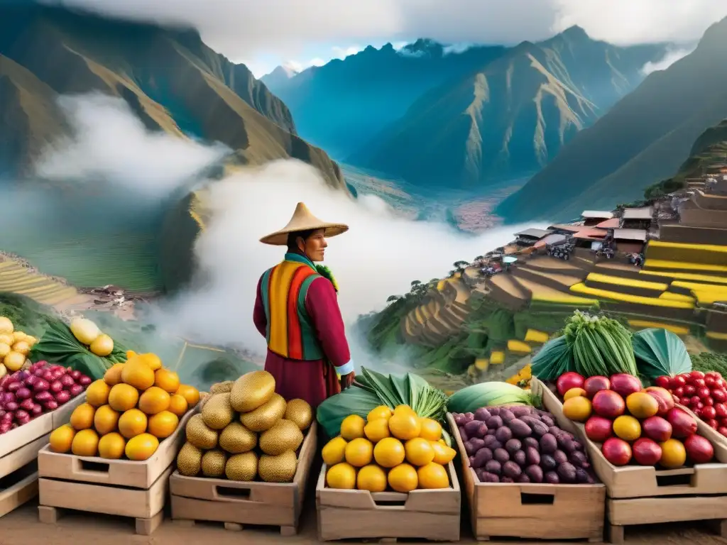 Mercado peruano con coloridas lúcumas en cajas de madera, Andes en la neblina