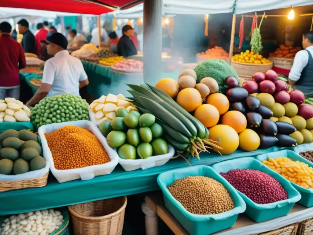 Mercado peruano en Lima con coloridos alimentos, vendedores y turistas