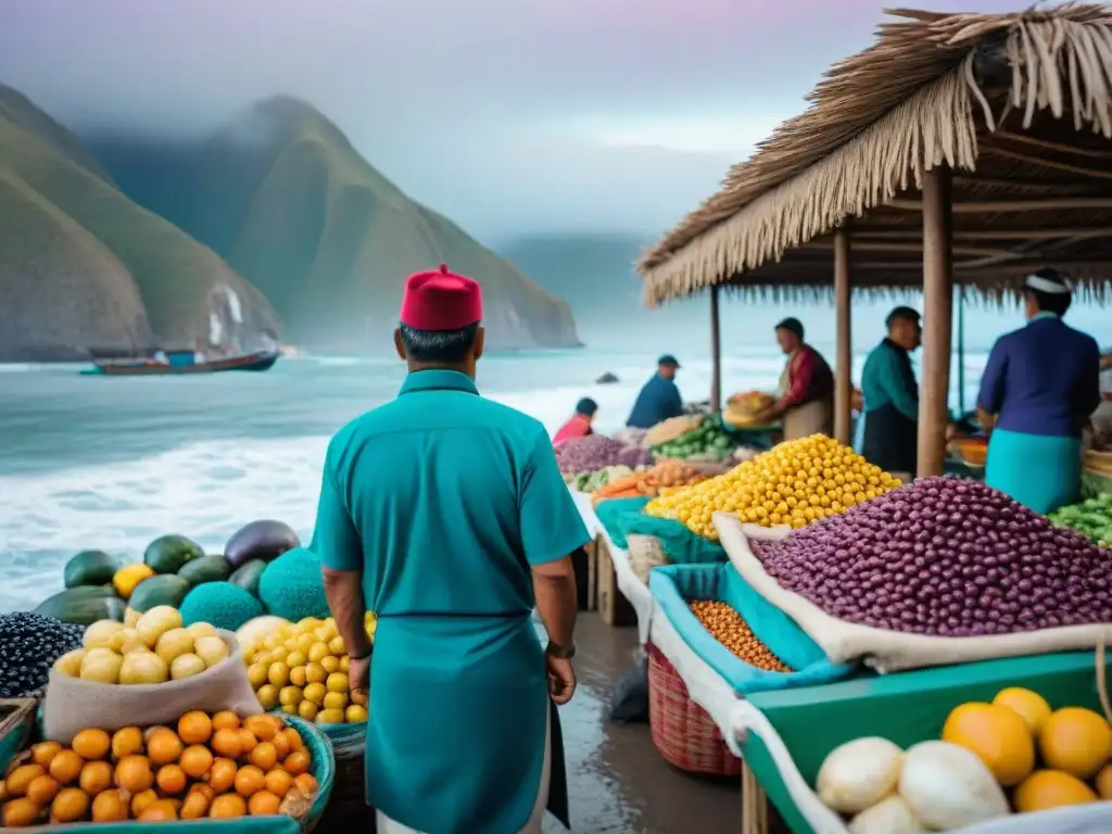 Mercado peruano costero con ingredientes autóctonos y diversidad gastronómica