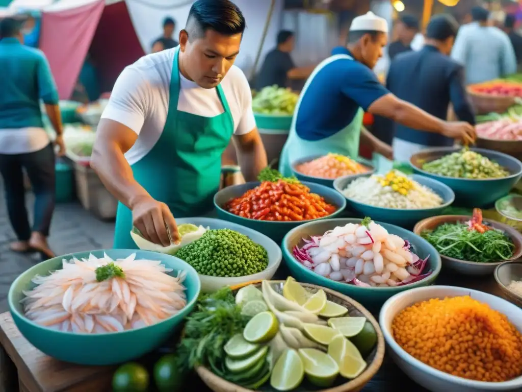 Mercado peruano de ceviche: Delicias marinas gastronomía peruana en vibrantes colores y sabores frescos