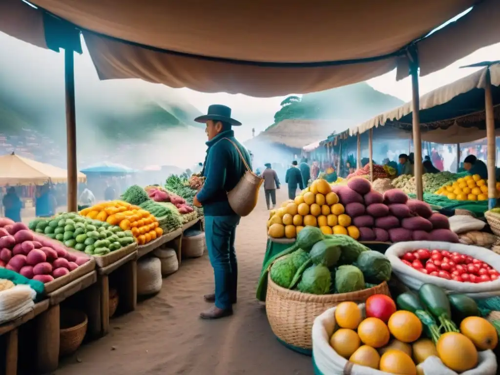 Mercado peruano con frutas, verduras y textiles, exportación gastronomía peruana plataformas digitales