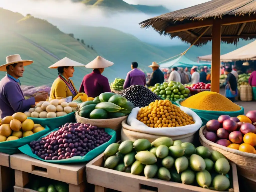 Mercado peruano con frutas y verduras coloridas y gente en trajes tradicionales, resaltando la riqueza cultural