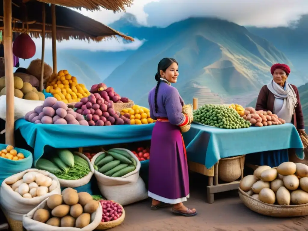 Mercado peruano con frutas y verduras vibrantes bajo la luz matutina de los Andes