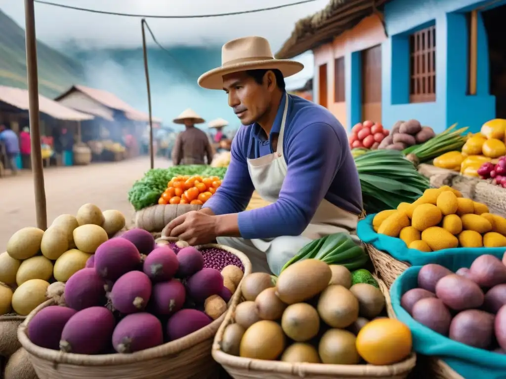 Mercado peruano con frutas y verduras vibrantes, reflejando la cultura gastronómica y la dieta sostenible en Perú