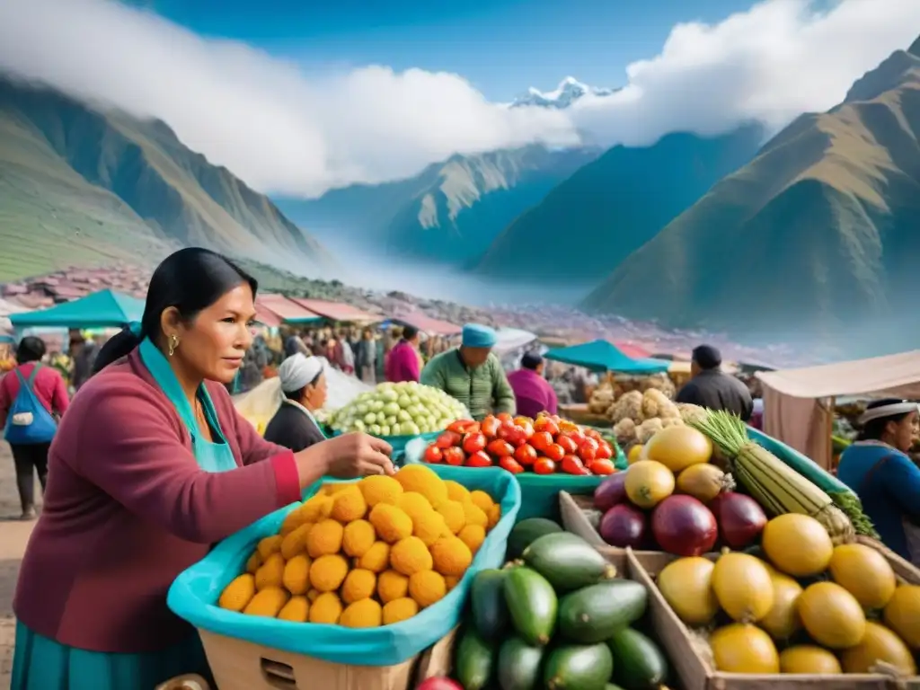 Mercado peruano con frutas y verduras vibrantes, vendedores locales, mujeres indígenas preparando ceviche y turistas probando delicias