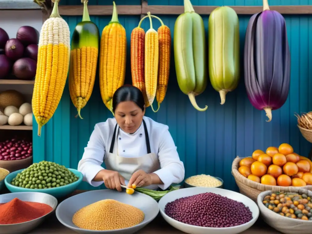 Mercado peruano con frutas vibrantes y mujeres preparando ceviche y causa