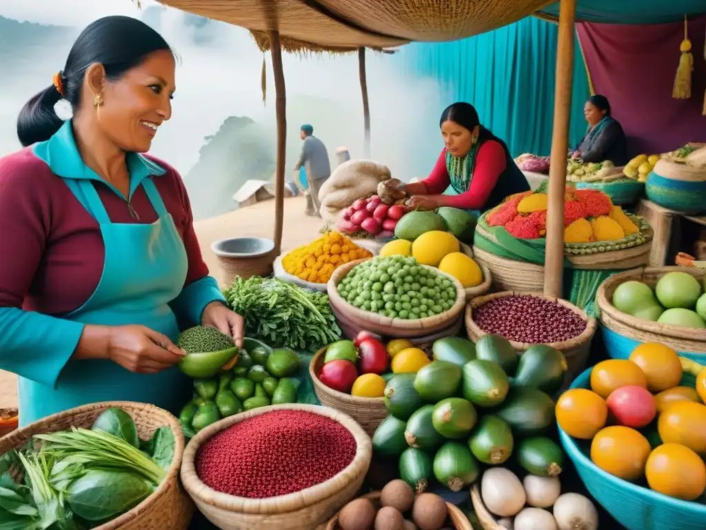 Mercado peruano con gran diversidad de frutas y verduras, resaltando la importancia gastronomía peruana nivel mundial