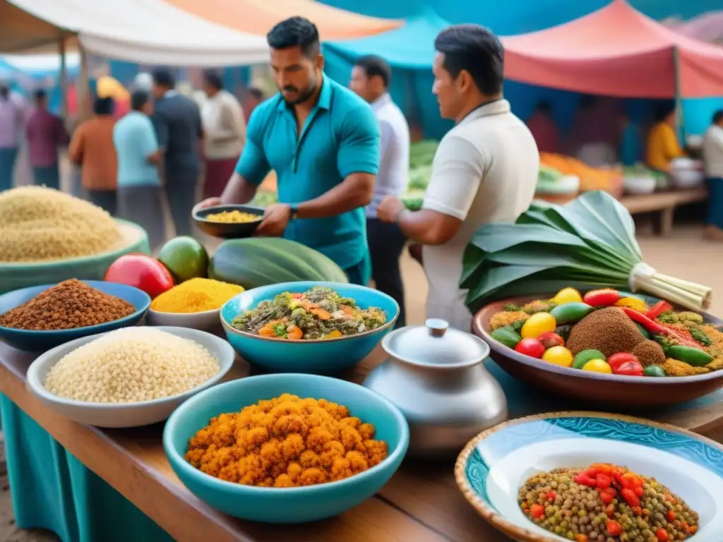 Mercado peruano con influencia africana en gastronomía: colores vibrantes, comida tradicional y textiles autóctonos