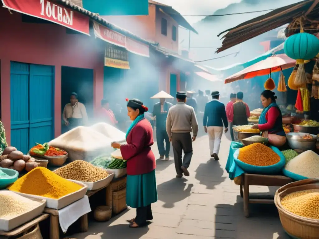 Mercado peruano con influencia africana en gastronomía: colores vibrantes, puestos de comida y tradiciones culinarias