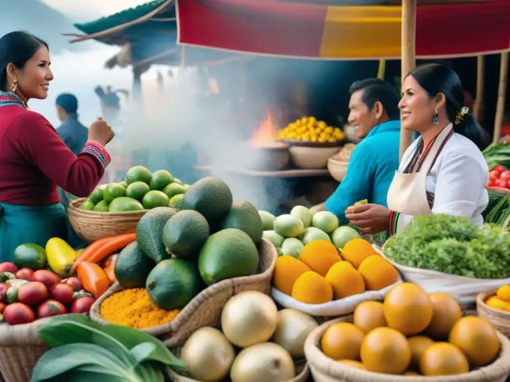 Mercado peruano con influencias culinarias en la gastronomía peruana: colores vibrantes, productos locales y vendedores tradicionales