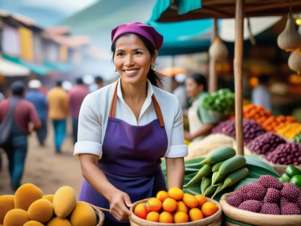 Pía León en mercado peruano, admirando ingredientes autóctonos