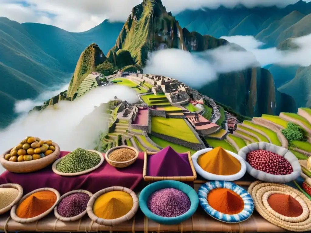 Mercado peruano: colores y sabores andinos en 8k Vivid mercado peruano con Ingredientes autóctonos cocina peruana y vendedores locales en trajes tradicionales