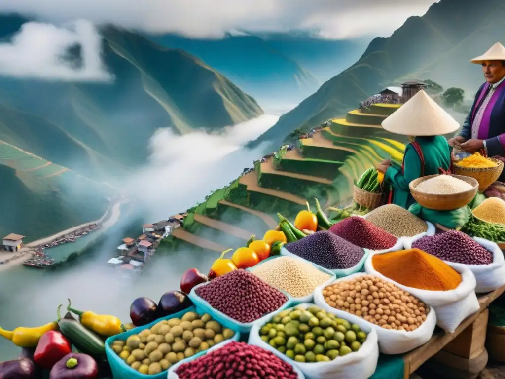 Mercado tradicional peruano: colores y sabores autóctonos Mercado peruano con ingredientes autóctonos y vendedores en trajes andinos, ante los Andes nebulosos