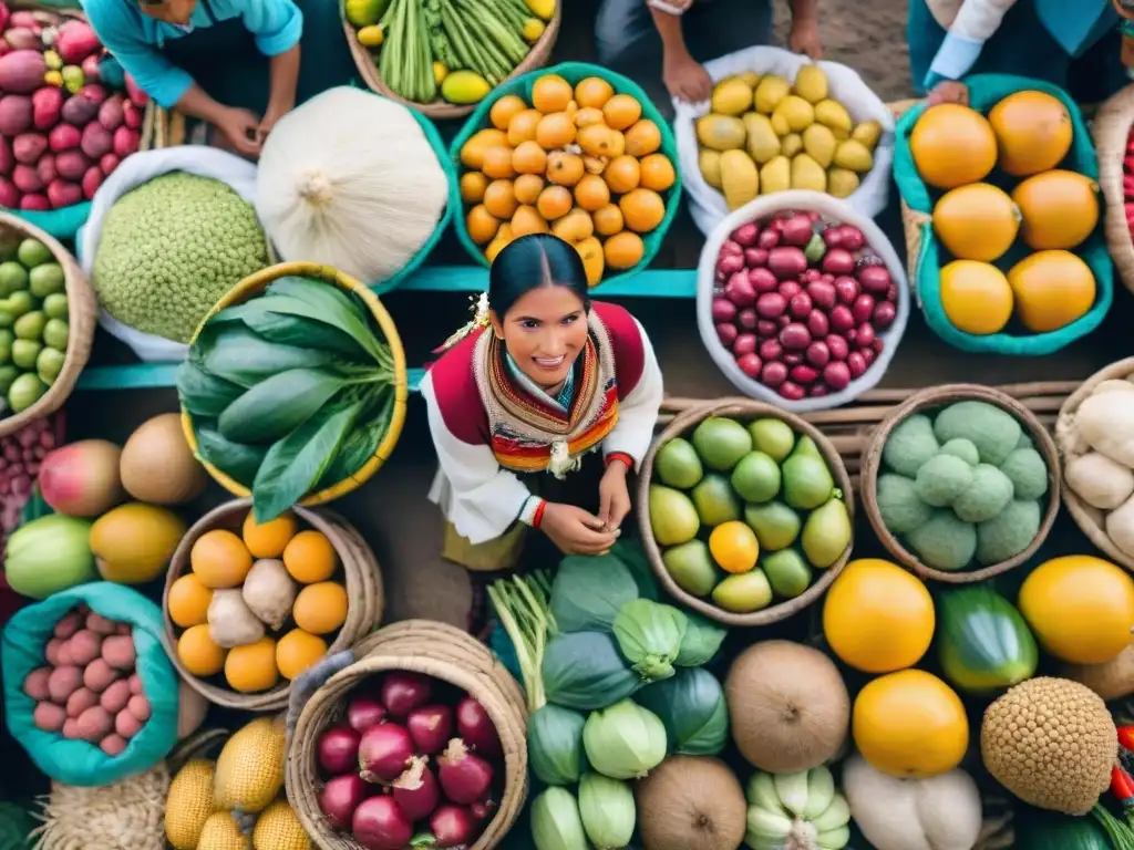 Mercado peruano con ingredientes autóctonos, agricultura y paisaje andino