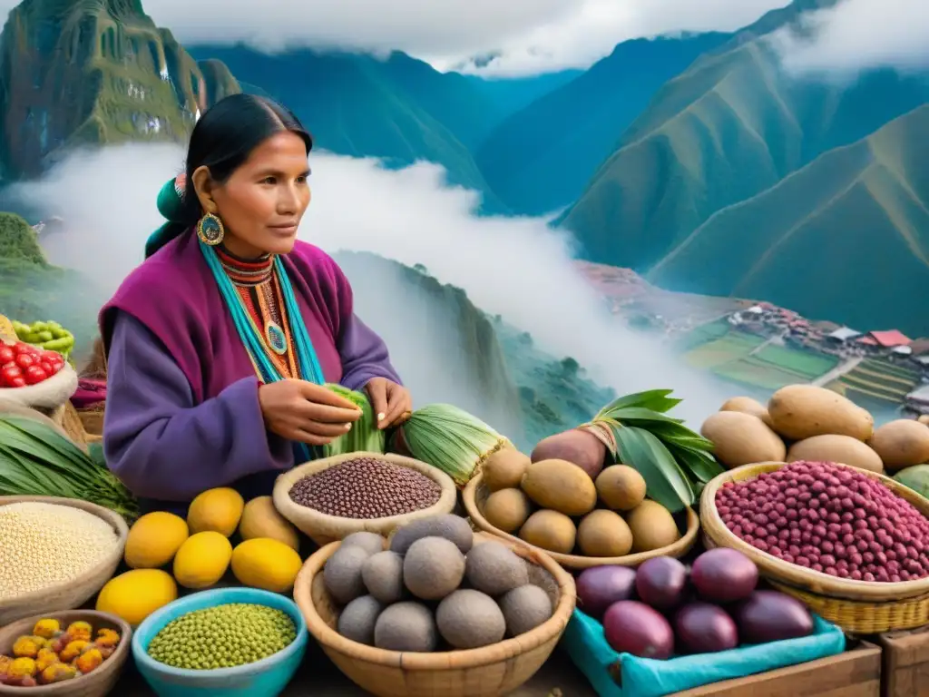 Mercado peruano con ingredientes autóctonos, Andes de fondo y clientes disfrutando la rica gastronomía